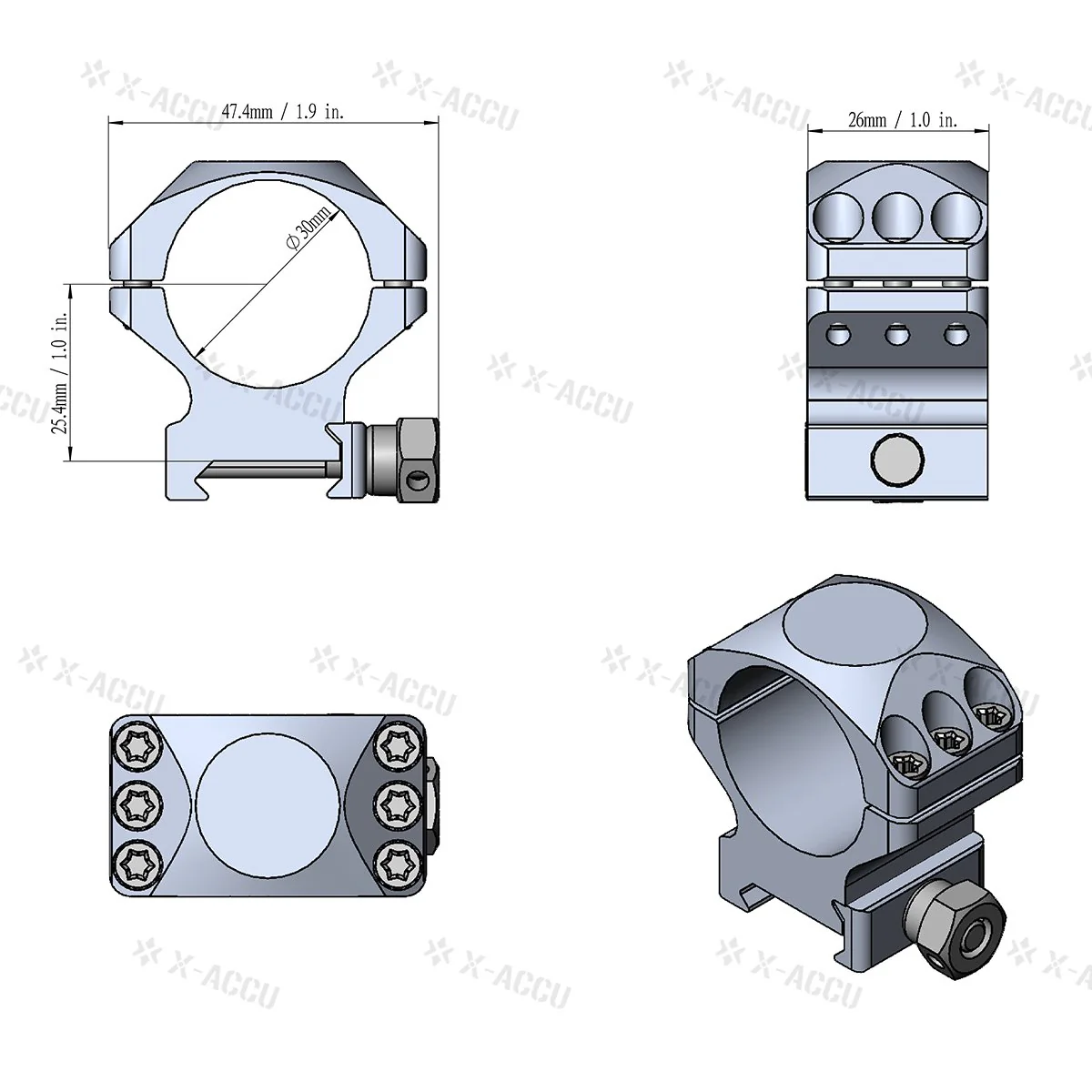 30mm X-Accu 1" Low Profile Picatinny Scope Rings - Image 7